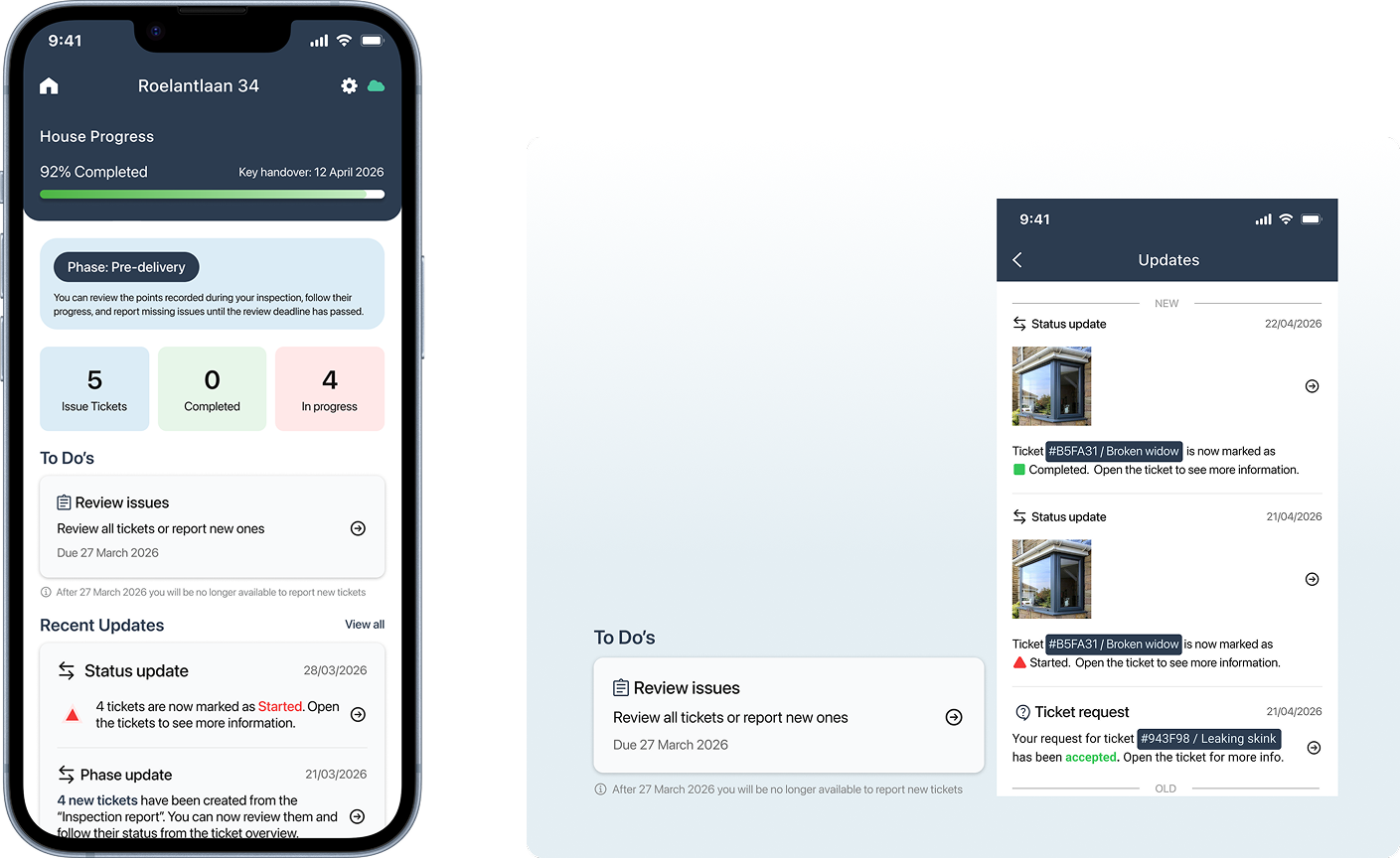 Updates visualisation showing home page, to-do section and updates screen