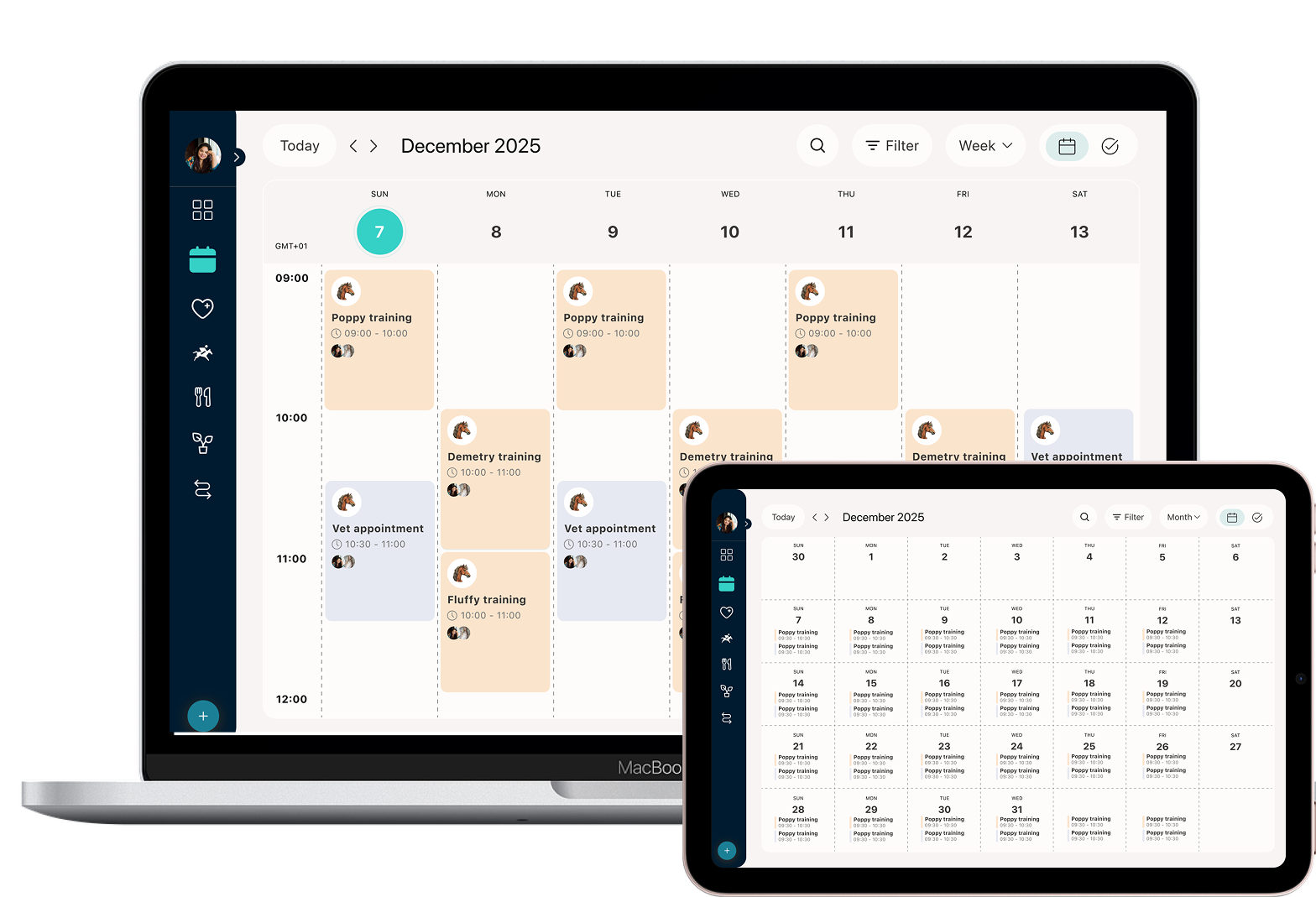 Equine Integration calendar and planning interface on laptop and tablet